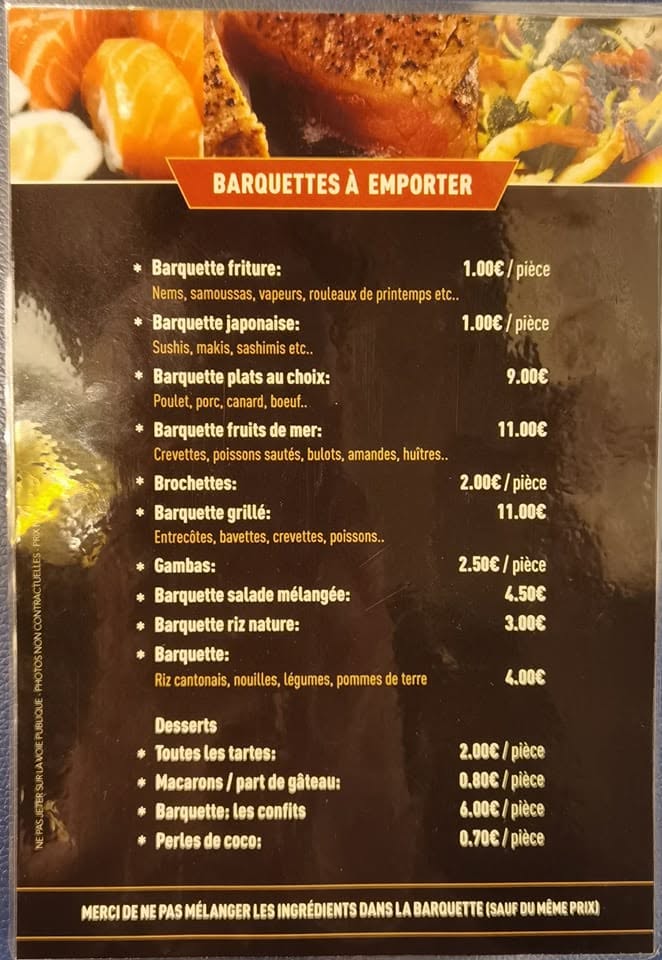 Carte des barquettes à emporter